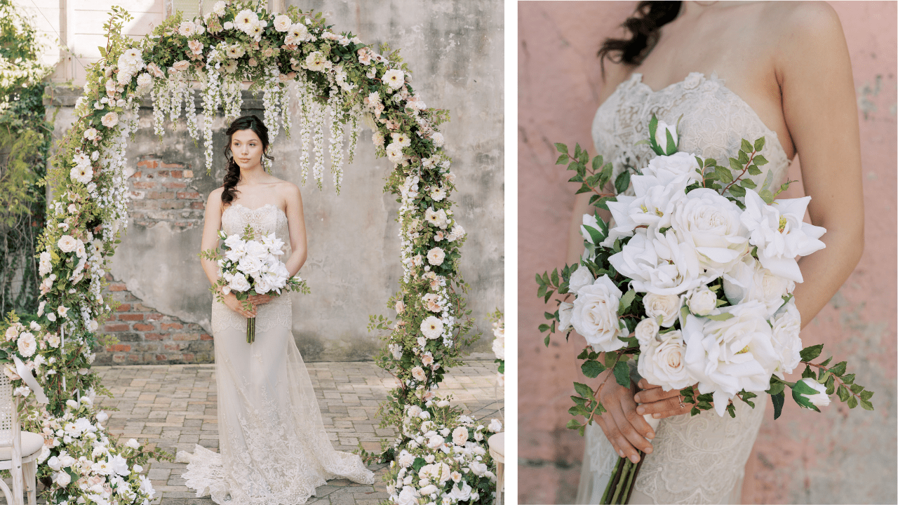 White Bridal Bouquet With Greenery, Something Borrowed BloomsPremium Silk  Flowers