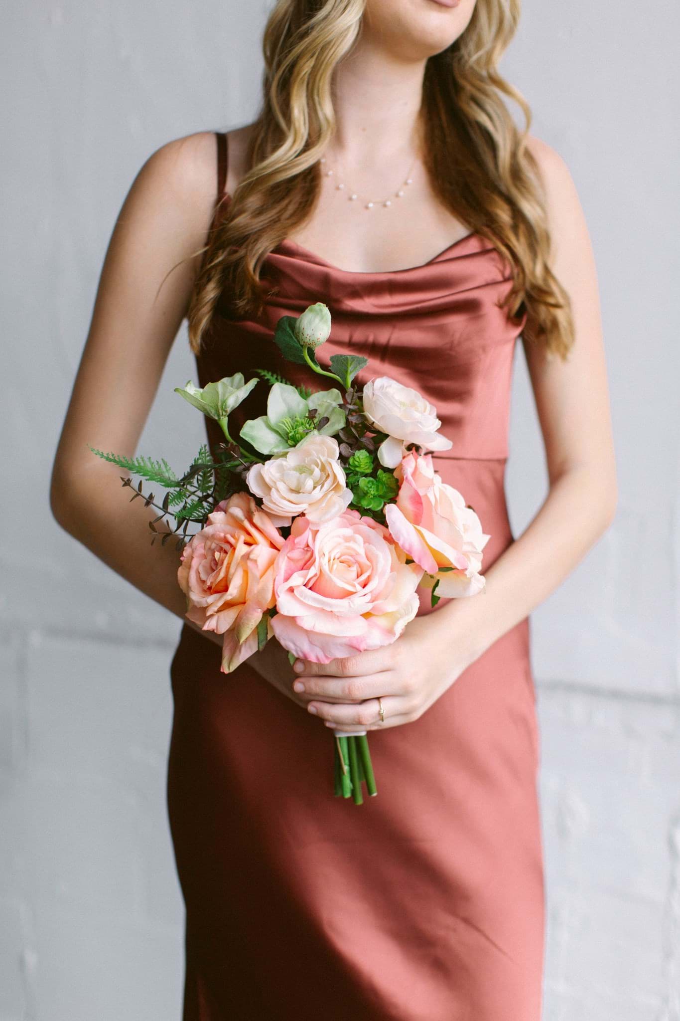 Silk Salmon and Apricot Colored Rose Bridal Bouquet, Something Borrowed  BloomsPremium Silk Flowers